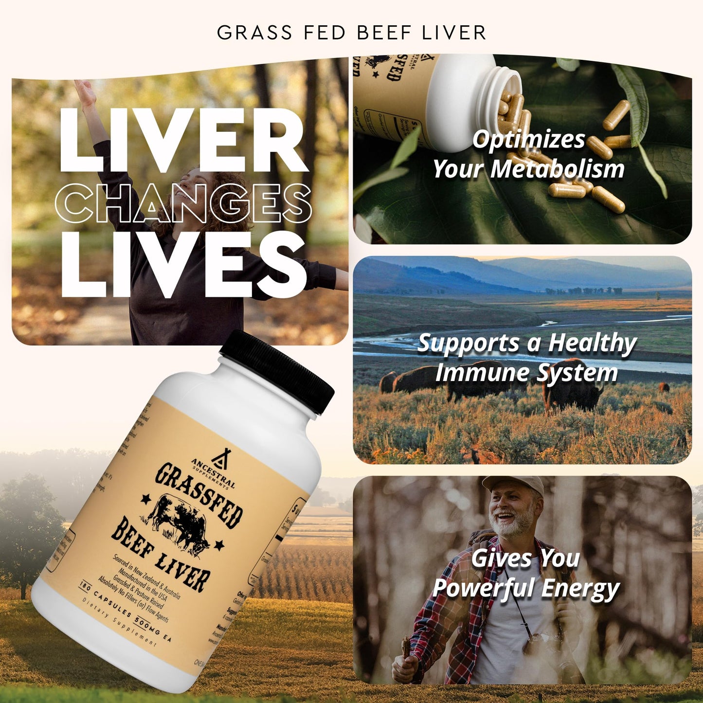 Ancestral Supplements Grass Fed Beef Liver 180 Capsules, Supports Energy Production, Detoxification, Digestion, Immunity and Full Body Wellness - PrimeBioHealth - canada supplements