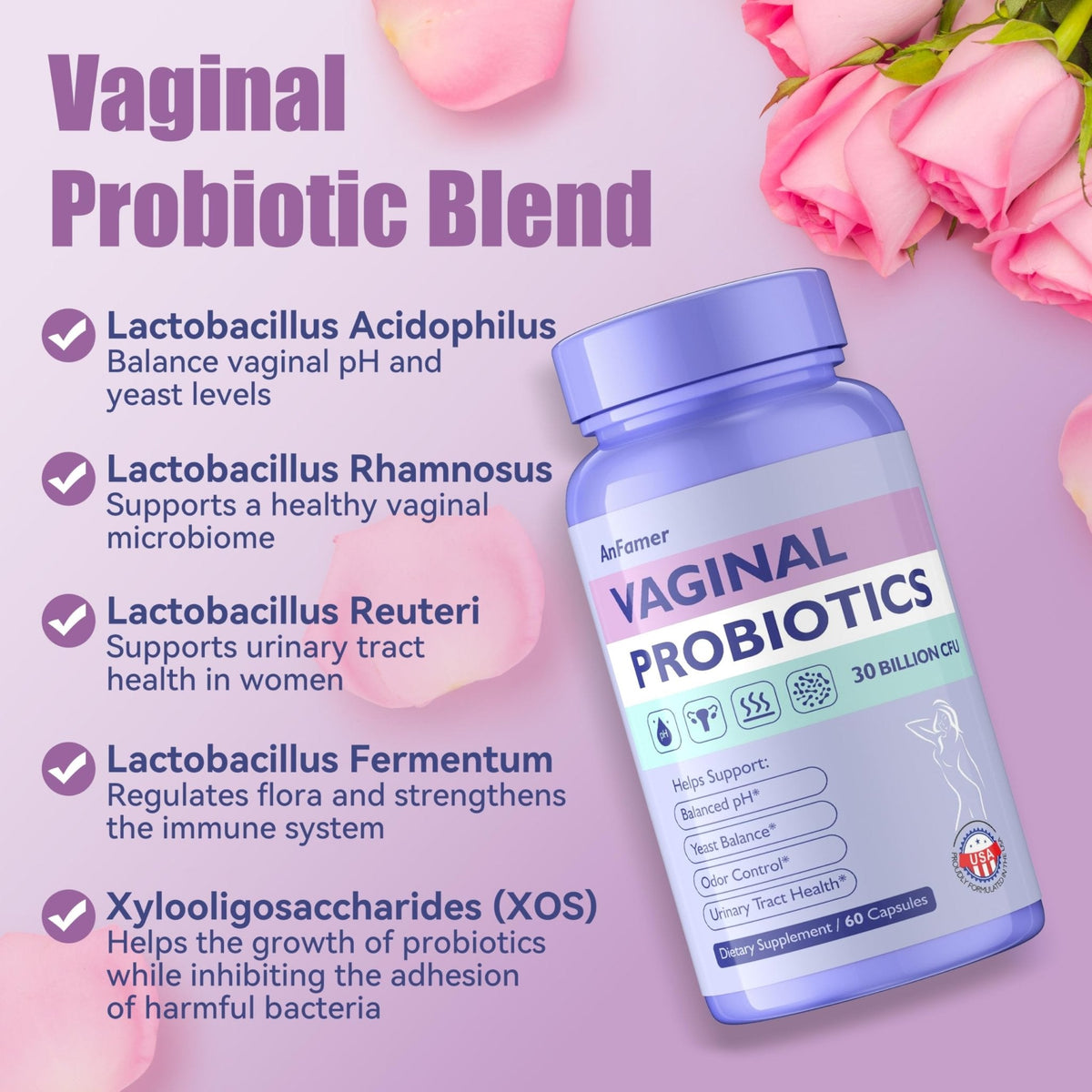 AnFamer Vaginal Probiotics for Women Female,Promotes Ph Balance,Healthy Vaginal Odor & Flora,Urinary Tract Health with Prebiotics & Lactobacillus Probiotic - PrimeBioHealth - canada supplements