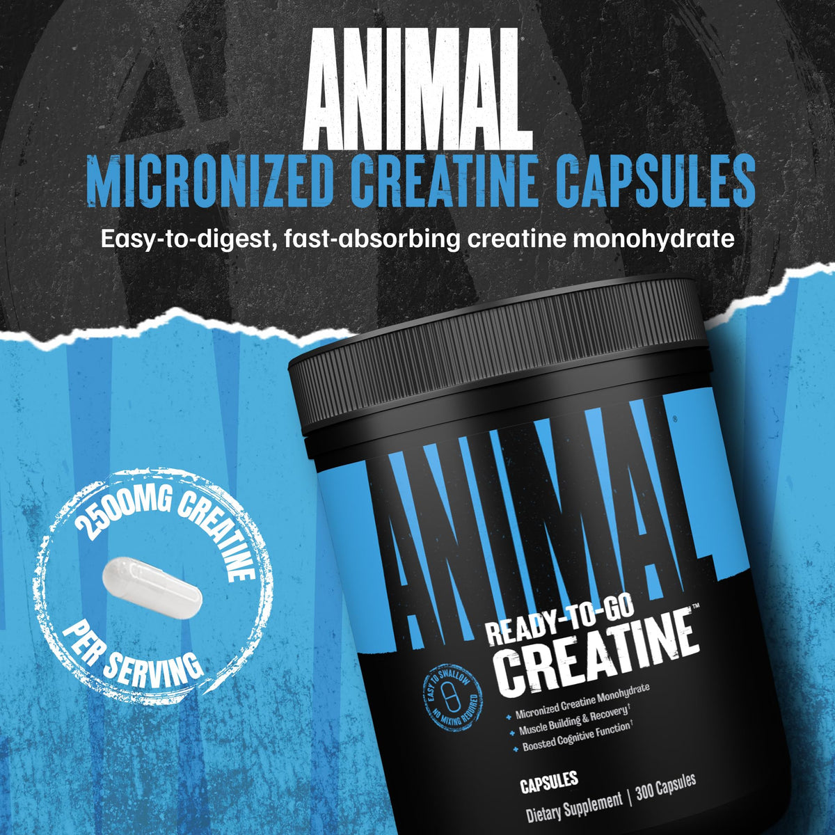 Animal Micronized Creatine Monohydrate Capsules - 300 Caps, 2500mg per Serving to Support Muscle Growth, Endurance, ATP Production, Cognitive Function, Strength - PrimeBioHealth - canada supplements