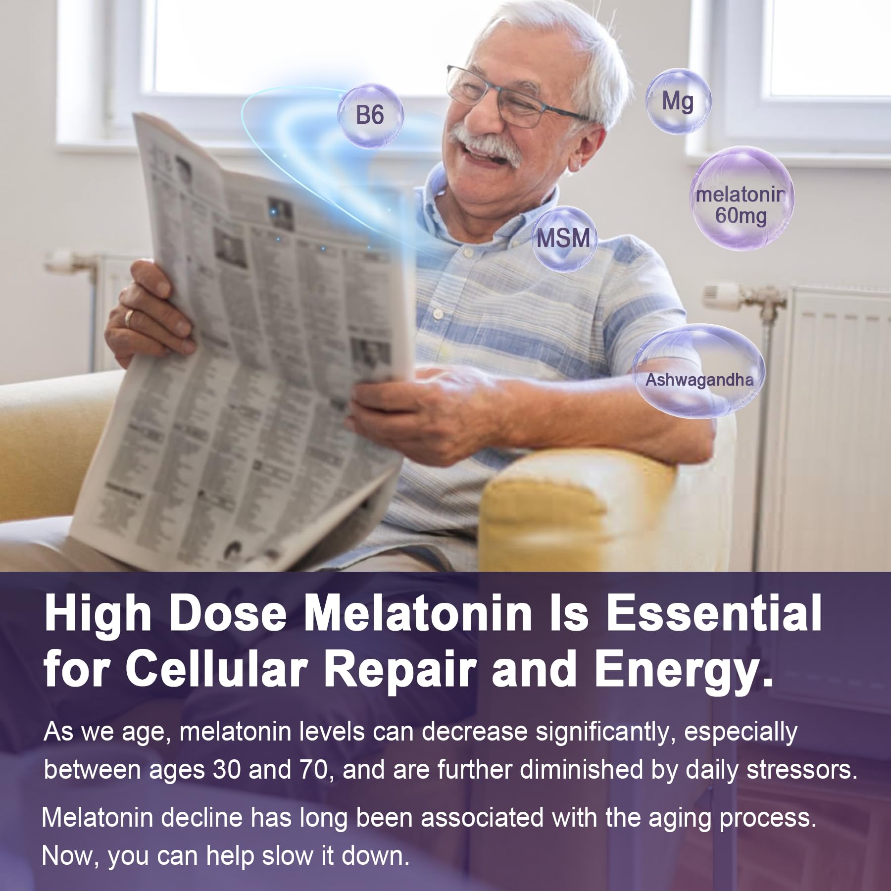 Antioxidant & Brain Support Melatonin 60mg 30mg for 50+ Adults | High Dose Melatonin for Anti-Aging & Immune | Extra Strength Melatonin Gummies with B6, Ashwagandha, Magnesium, MSM - 60 Gummies - PrimeBioHealth - canada supplements