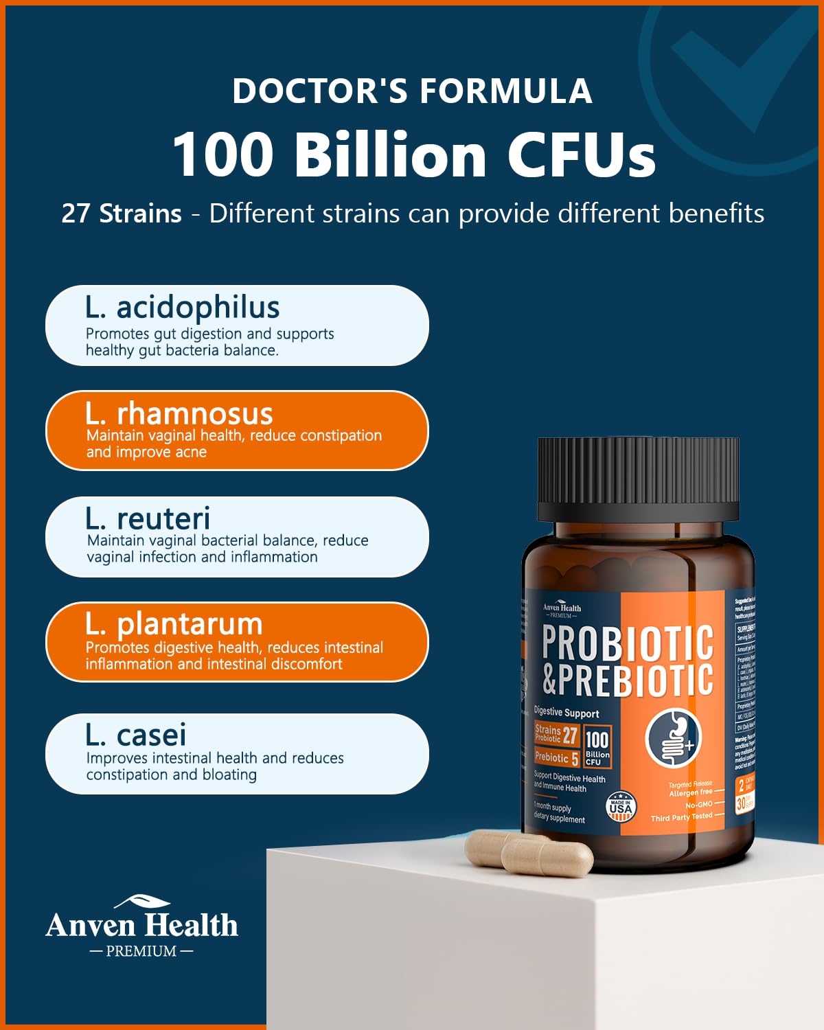 Anven Health 100 Billion Probiotics for Men and Women 27 Strains 5 Organic Prebiotics for Gut Digestive & Immune Health, Supports Diarrhea Gas Bloating - PrimeBioHealth - canada supplements