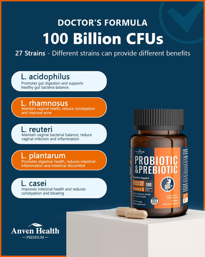 Anven Health 100 Billion Probiotics for Men and Women 27 Strains 5 Organic Prebiotics for Gut Digestive & Immune Health, Supports Diarrhea Gas Bloating, - PrimeBioHealth - canada supplements