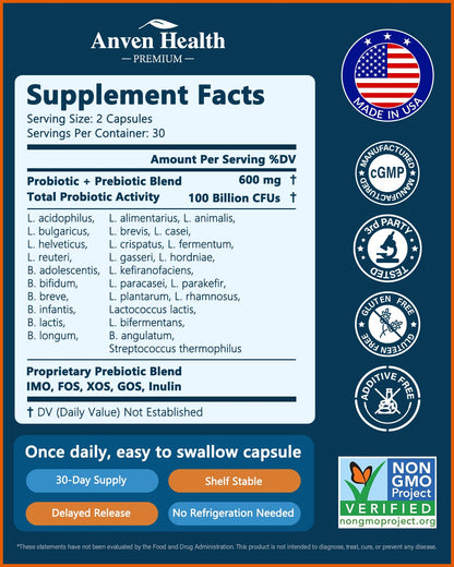 Anven Health 100 Billion Probiotics for Men and Women 27 Strains 5 Organic Prebiotics for Gut Digestive & Immune Health, Supports Diarrhea Gas Bloating, - PrimeBioHealth - canada supplements