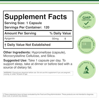 Apigenin Supplement - 50mg per Capsule, 120 Count (Powerful Bioflavonoid Found in Chamomile Tea for Relaxation, Sleep, and Mood) Senolytic - PrimeBioHealth - canada supplements