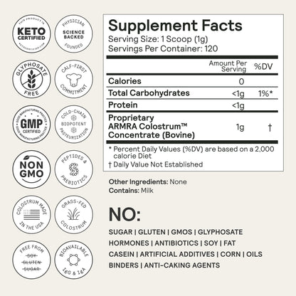 ARMRA Colostrum Powder | Unflavored | Gut Health & Bloating | Skin & Hair | Immunity | Keto, Gluten & Fat-Free | 120 Servings - PrimeBioHealth - canada supplements