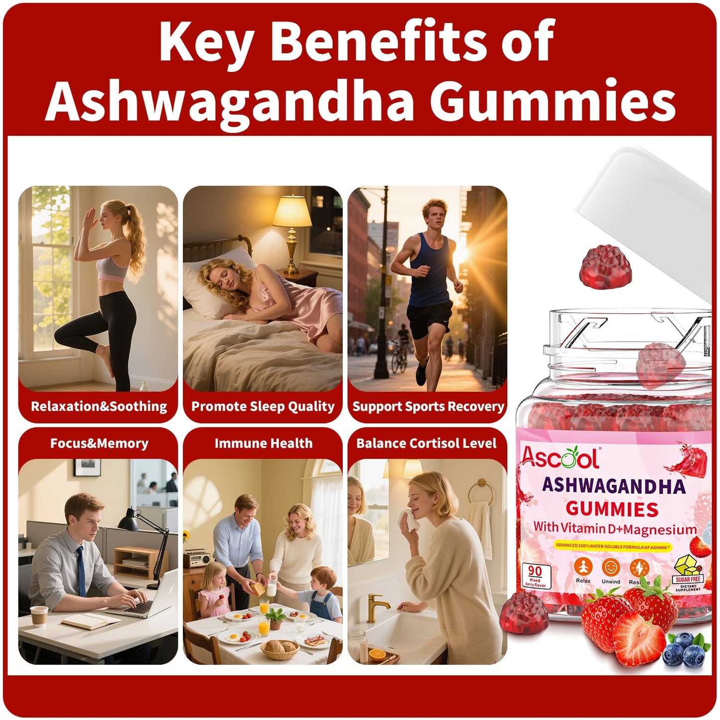 Ascool Ashwagandha Gummies for Stress Relief & Clam with Magnesium + Vitamin D – 90 Count Sugar-Free, Vegan Ashwa Supplements - PrimeBioHealth - canada supplements