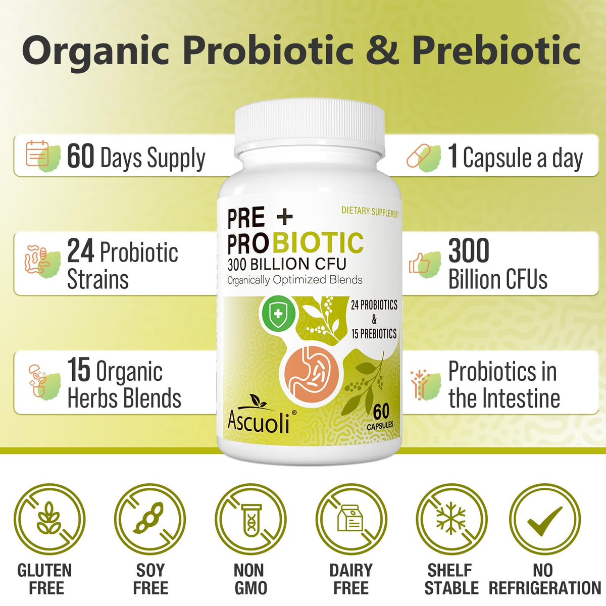 Ascuoli Probiotics for Women & Men - 300 Billion CFU, 24 Strains Probiotics + 15 Organic Herbs Blend, Daily Probiotic for Digestive Health, - PrimeBioHealth - canada supplements