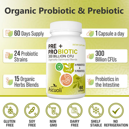 Ascuoli Probiotics for Women & Men - 300 Billion CFU, 24 Strains Probiotics + 15 Organic Herbs Blend, Daily Probiotic for Digestive Health, - PrimeBioHealth - canada supplements
