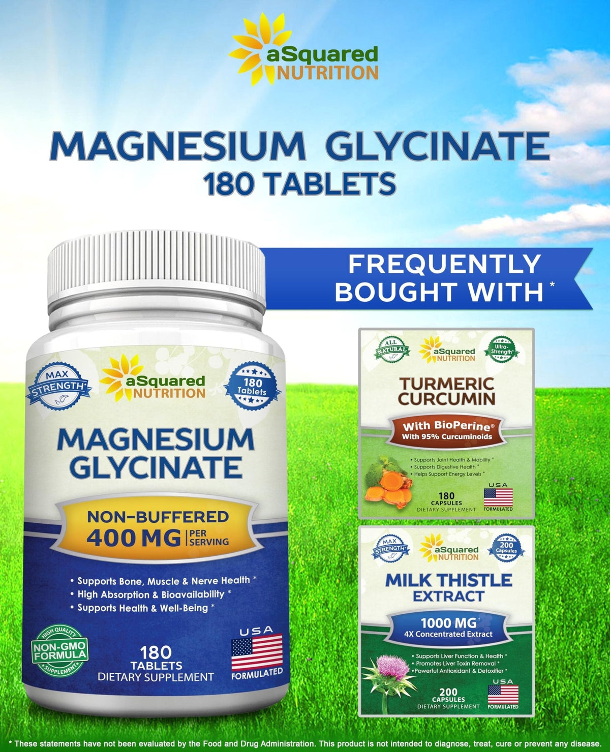 aSquared Nutrition Magnesium Glycinate 400mg - 180 Tablets - Max Strength Magnesium Bisglycinate Supplement -Maximum Bioavailability & Absorption-Non-GMO - PrimeBioHealth - canada supplements