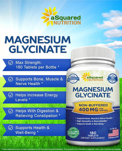 aSquared Nutrition Magnesium Glycinate 400mg - 180 Tablets - Max Strength Magnesium Bisglycinate Supplement -Maximum Bioavailability & Absorption-Non-GMO - PrimeBioHealth - canada supplements