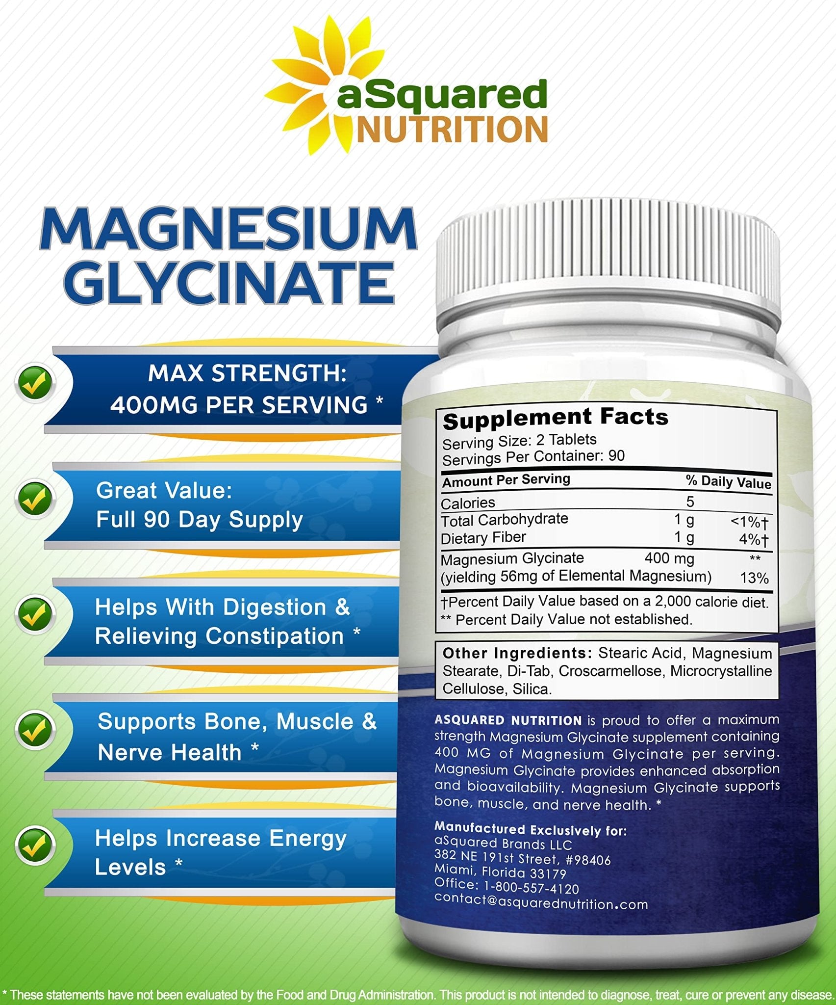 aSquared Nutrition Magnesium Glycinate 400mg - 180 Tablets - Max Strength Magnesium Bisglycinate Supplement -Maximum Bioavailability & Absorption-Non-GMO - PrimeBioHealth - canada supplements