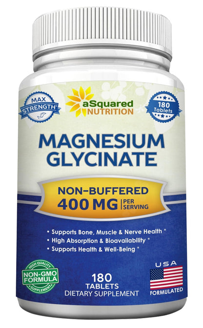 aSquared Nutrition Magnesium Glycinate 400mg - 180 Tablets - Max Strength Magnesium Bisglycinate Supplement -Maximum Bioavailability & Absorption-Non-GMO - PrimeBioHealth - canada supplements