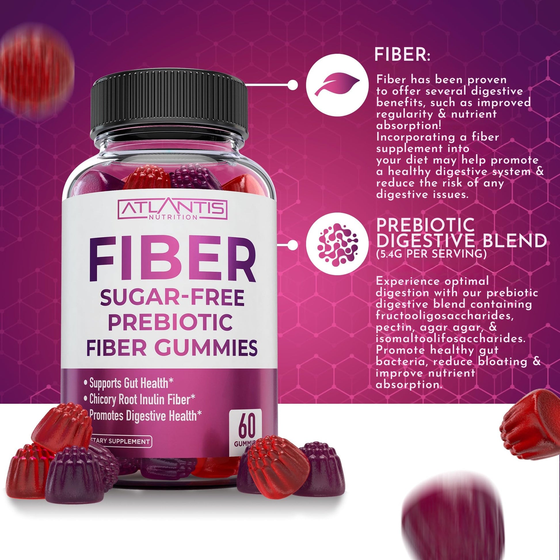 Atlantis Nutrition Sugar Free Fiber Gummies for Adults - 5G Fiber Supplement Formulated with 5.4G Prebiotic Digestive Blend/Serving - Supports Gut Health & Healthy Digestion - PrimeBioHealth - canada supplements
