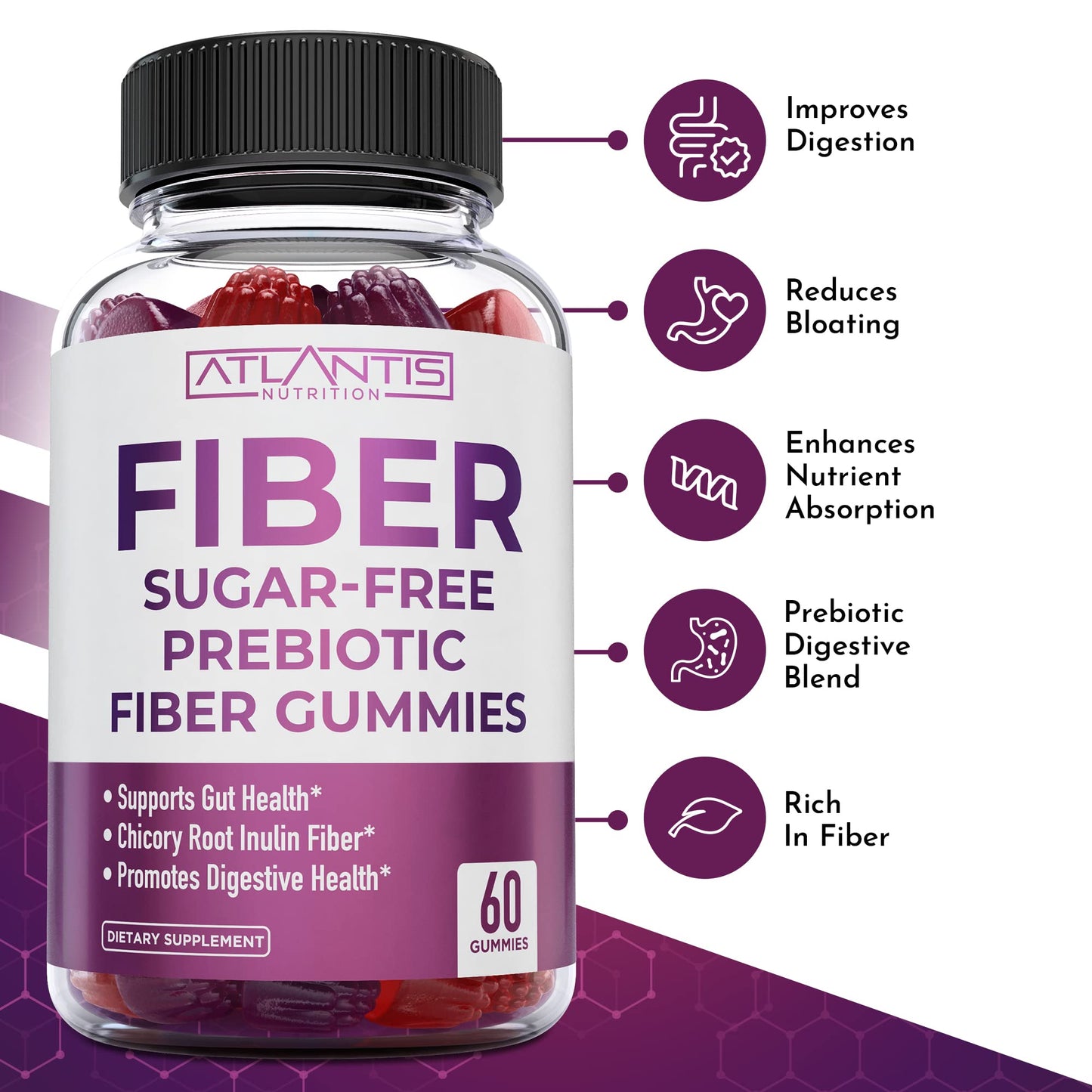 Atlantis Nutrition Sugar Free Fiber Gummies for Adults - 5G Fiber Supplement Formulated with 5.4G Prebiotic Digestive Blend/Serving - Supports Gut Health & Healthy Digestion - PrimeBioHealth - canada supplements