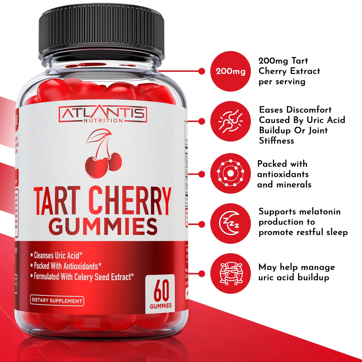 Atlantis Nutrition Tart Cherry Gummies with Celery Seed Extract - Advanced Uric Acid Cleanse for Immediate Relief | Joint Relief & Recovery - PrimeBioHealth - canada supplements