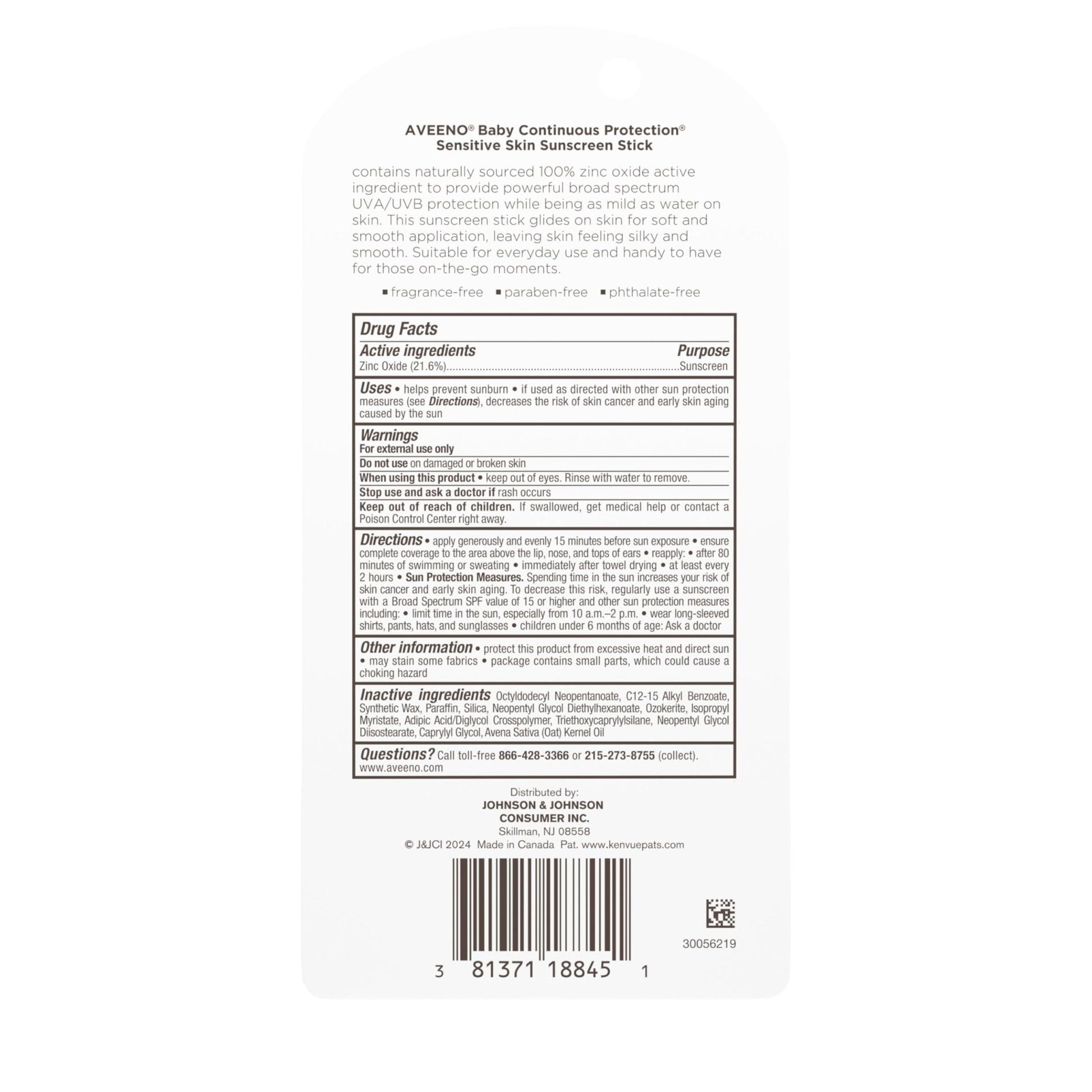 Aveeno Baby Continuous Protection Mineral Sunscreen Stick for Sensitive Skin with Broad Spectrum SPF 50 Protection for Face & Body - PrimeBioHealth - canada supplements