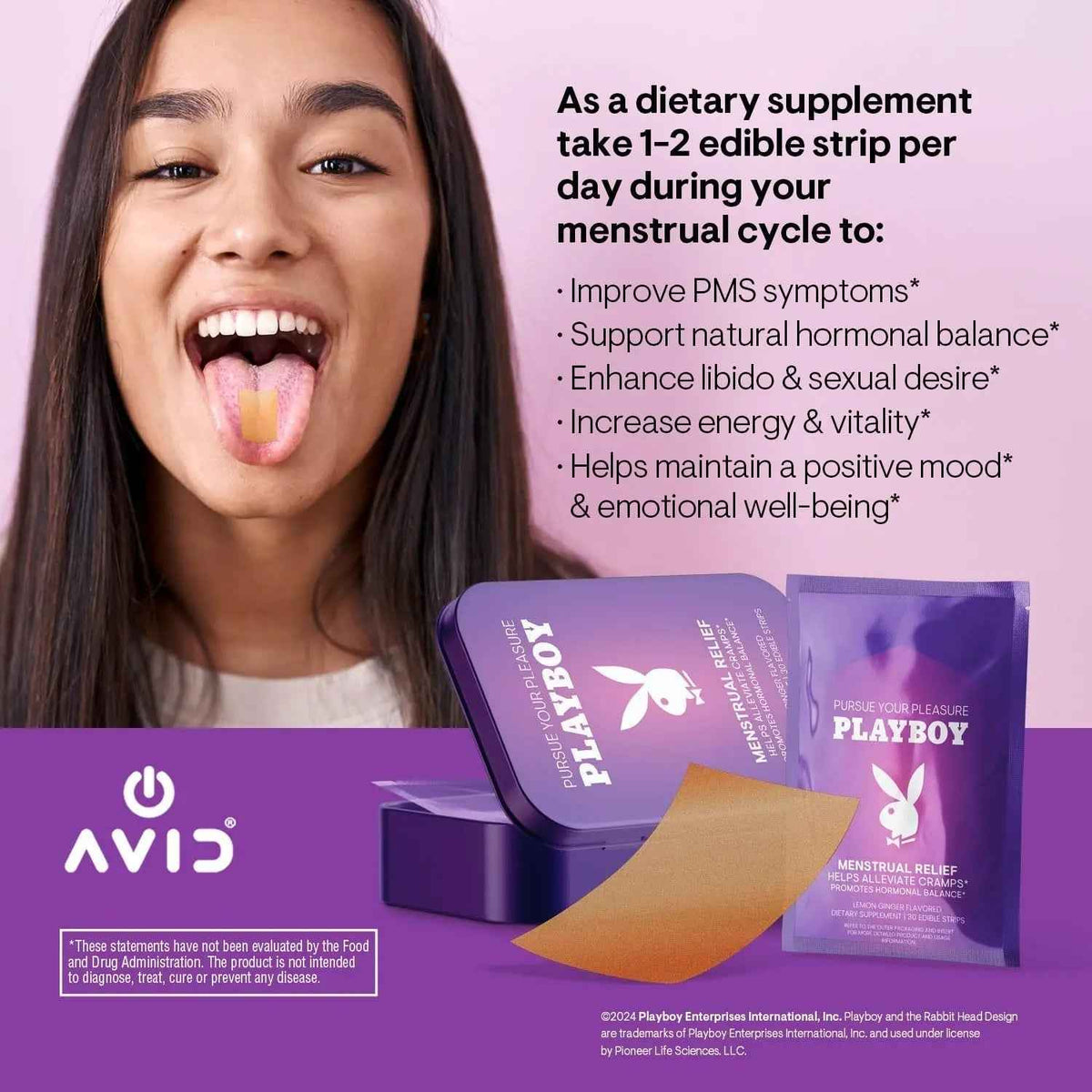 AVID Playboy - Menstrual Relief PMS Oral Strips (30 Edible Strips) Fast Dissolving PMS Cramp Relief & Hormonal Balance Strips for Women - Lemon Ginger Flavored Multi-Benefit PMS Supplement for Women