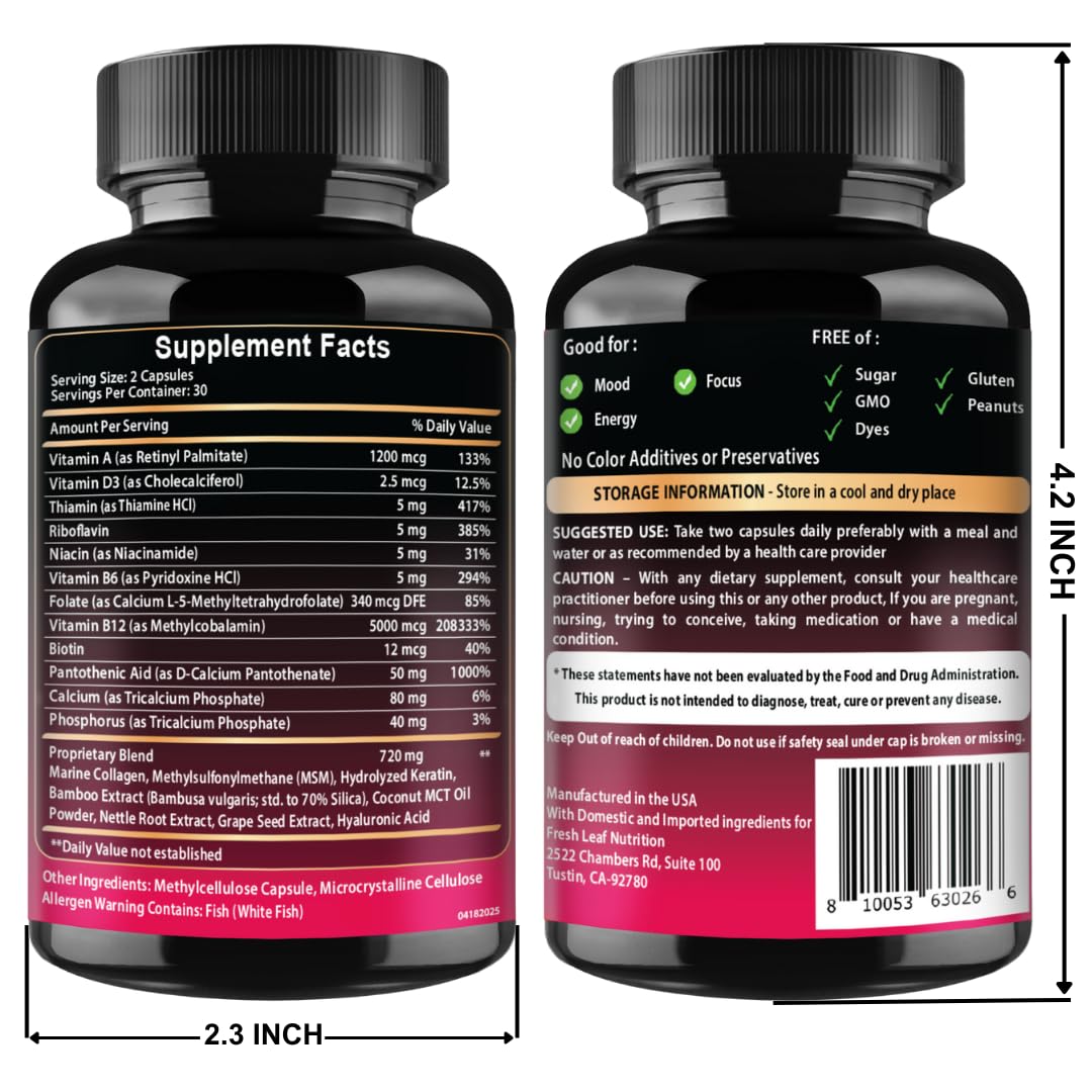 B12 with Hyaluronic Acid, Collagen and Folate – 25000 mcg B12 Complex | Maximize Absorption & Energy | Gluten Free USA Made, B1, B2, B3, B6, B7, B12 vitamins 5000 mcg - PrimeBioHealth - canada supplements