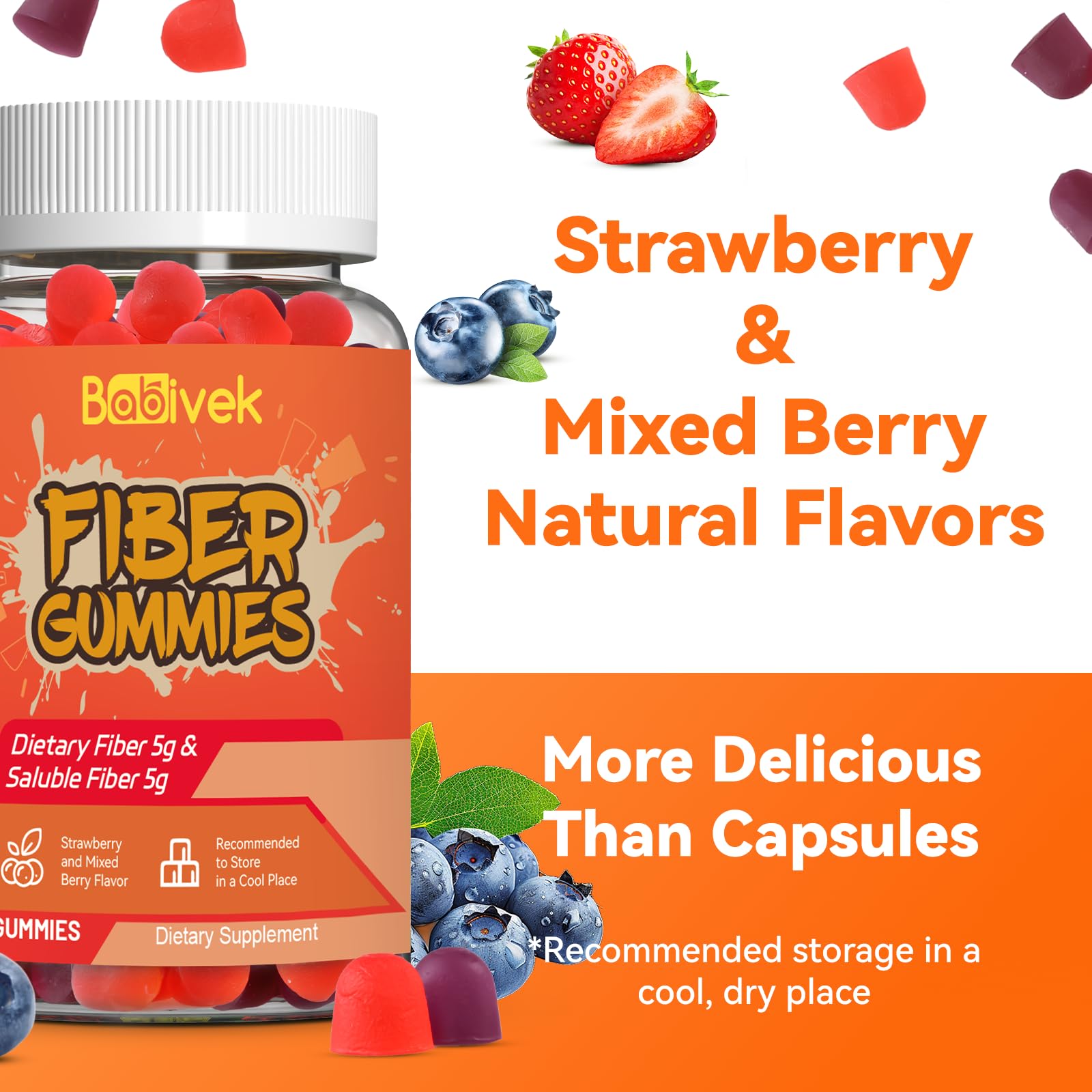 Babivek Fiber Gummies for Women and Men – Dietary Fiber, Gut Health Support, Vegan, Non-GMO, Non-Gluten, Mixed Berry & Strawberry Flavors, 60 Count(Pack of 2) - PrimeBioHealth - canada supplements