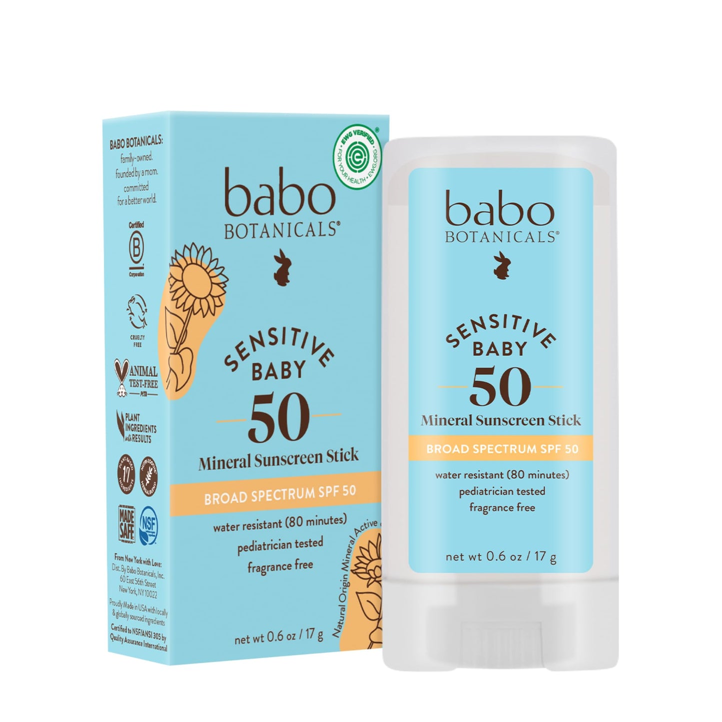 Babo Botanicals Sensitive Baby Mineral Sunscreen Stick SPF 50 - 70% Organic Ingredients - Zinc Oxide - NSF & MADE SAFE and EWG Certified - PrimeBioHealth - canada supplements