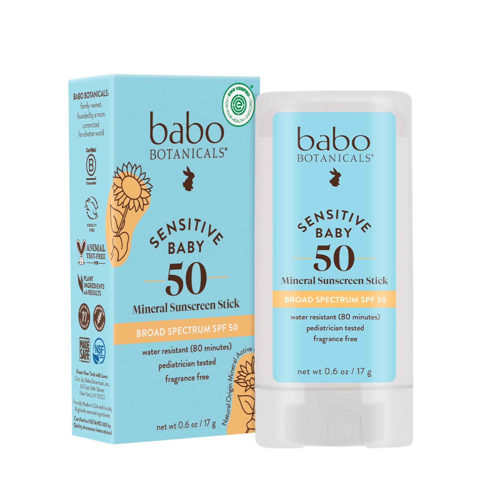 Babo Botanicals Sensitive Baby Mineral Sunscreen Stick SPF 50 - 70% Organic Ingredients - Zinc Oxide - NSF & MADE SAFE and EWG Certified - PrimeBioHealth - canada supplements