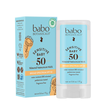 Babo Botanicals Sensitive Baby Mineral Sunscreen Stick SPF 50 - 70% Organic Ingredients - Zinc Oxide - NSF & MADE SAFE and EWG Certified - PrimeBioHealth - canada supplements