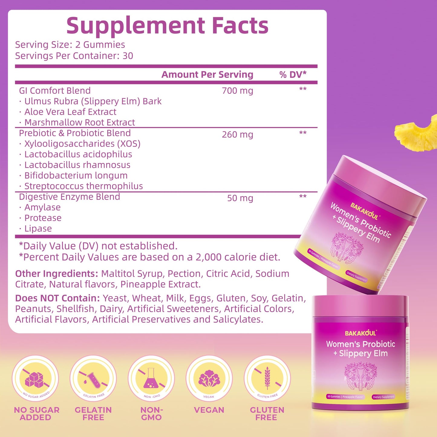 BAKAKOUL Feminine Probiotics Gummies for Women, Vaginal Probiotics with Slippery Elm,Prebiotics & Probiotics Supports pH Balance,Immune Health, Vegan - PrimeBioHealth - canada supplements