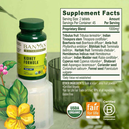 Banyan Botanicals Organic Kidney Formula–Urinary Tract Support & Detox Supplement–Gokshura & Punarnava for Fluid Balance & Systemic Cleansing–Cooling Genitourinary Tonic-90 Tablets-USDA Organic