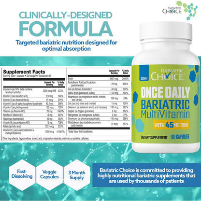 Bariatric Choice Once-Daily Bariatric Multivitamin with 45 mg of Iron | Easy to Swallow Capsule | Vitamin for Bariatric Surgery Patients - PrimeBioHealth - canada supplements
