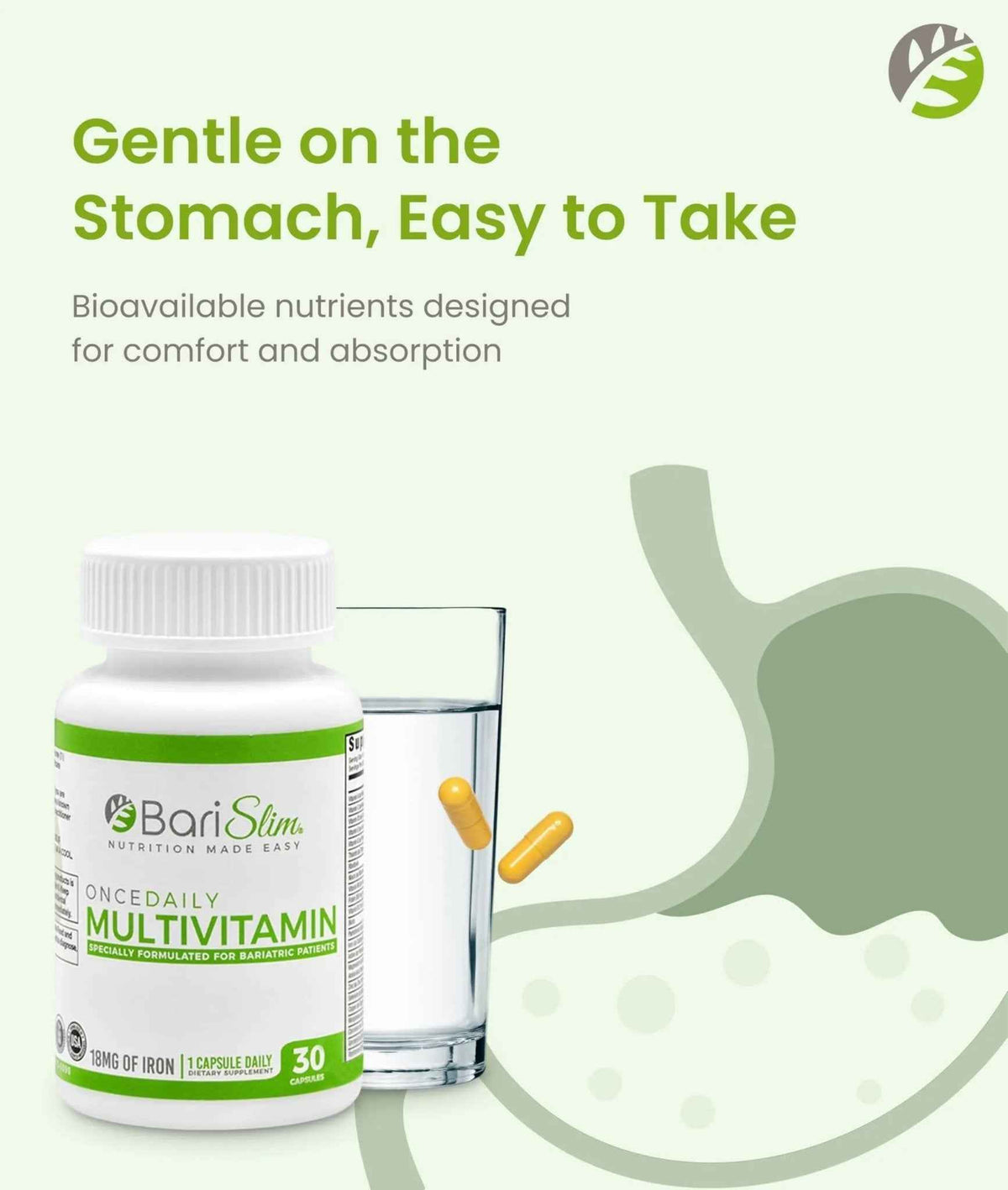 BariSlim Once Daily Bariatric Multivitamin Capsule - 18mg of Iron - Bariatric Vitamin & Supplement for Post Surgery Including Gastric Bypass