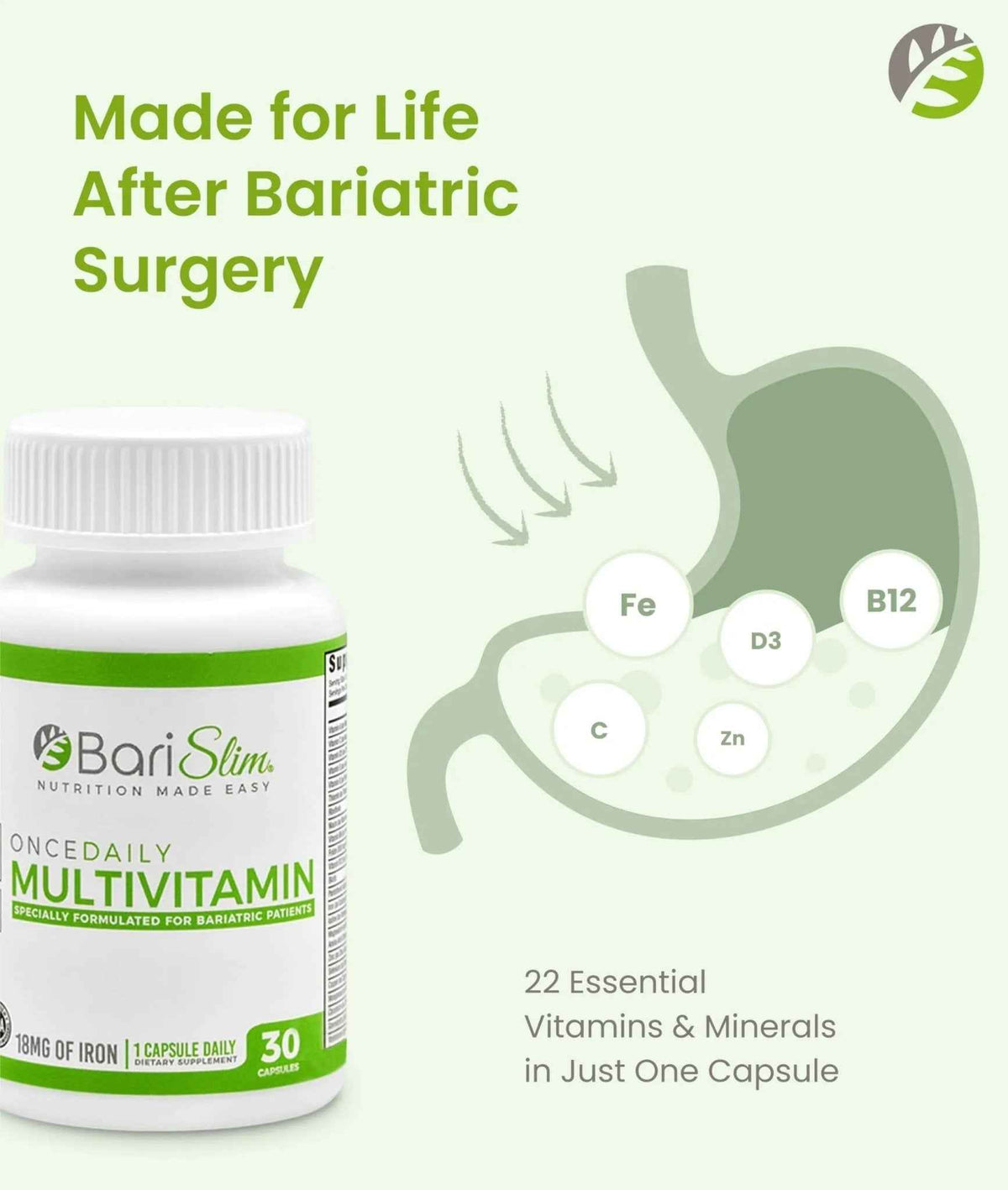 BariSlim Once Daily Bariatric Multivitamin Capsule - 18mg of Iron - Bariatric Vitamin & Supplement for Post Surgery Including Gastric Bypass