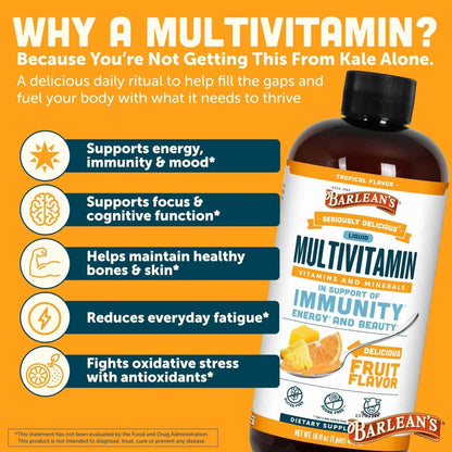 Barlean's Liquid Multivitamin for Women, Men & Kids, 21 Essential Vitamins & Minerals, Includes Biotin, B-Complex
