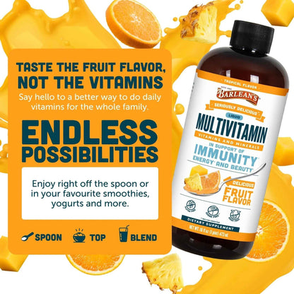 Barlean's Liquid Multivitamin for Women, Men & Kids, 21 Essential Vitamins & Minerals, Includes Biotin, B-Complex