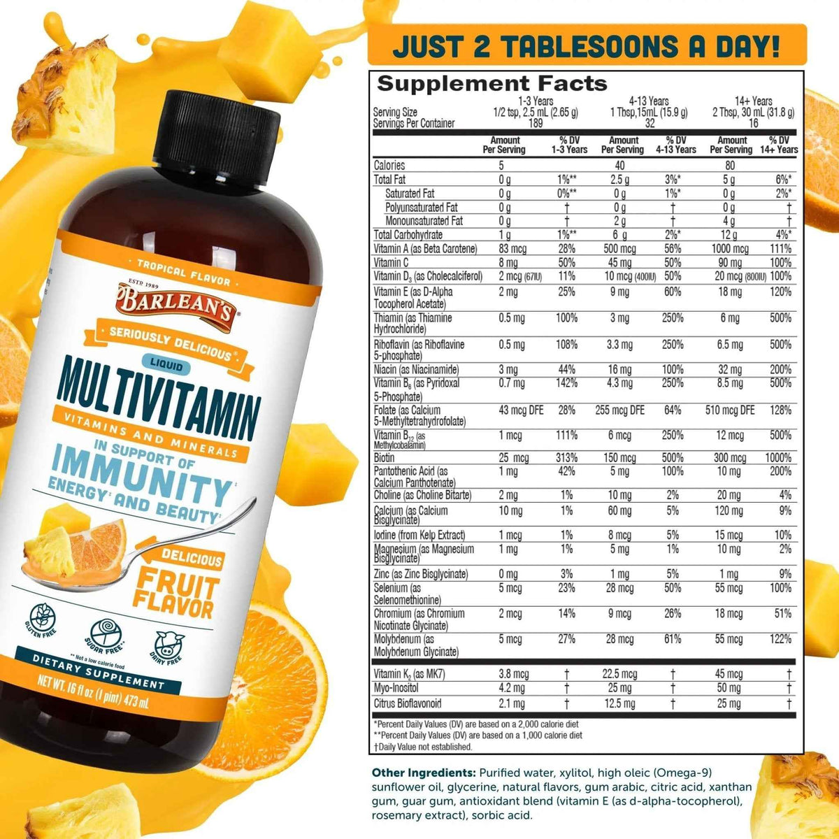Barlean's Liquid Multivitamin for Women, Men & Kids, 21 Essential Vitamins & Minerals, Includes Biotin, B-Complex