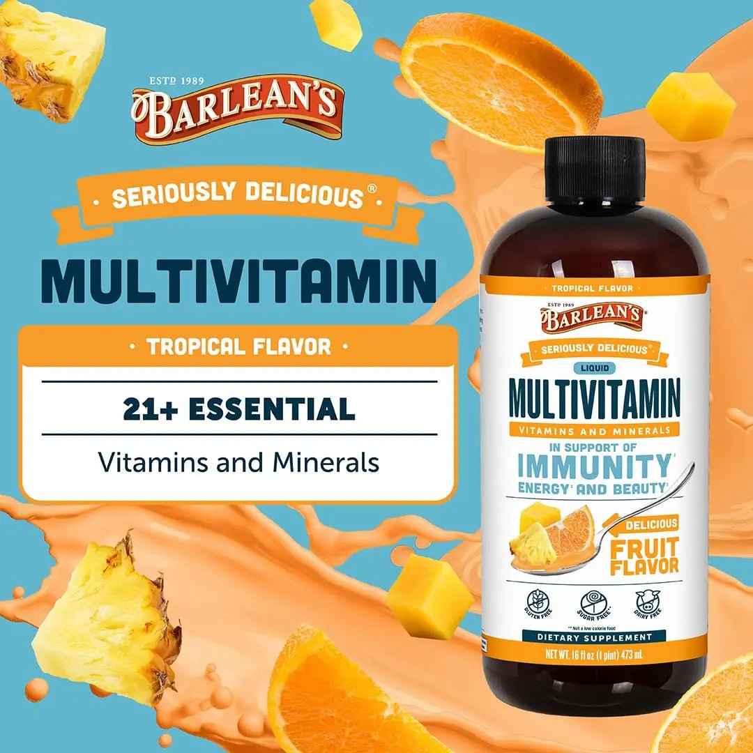 Barlean's Liquid Multivitamin for Women, Men & Kids, 21 Essential Vitamins & Minerals, Includes Biotin, B-Complex