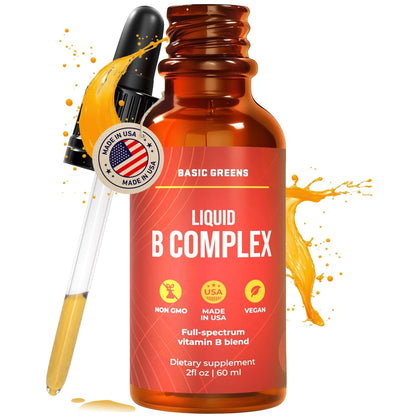 BASIC GREENS Vitamin B Complex Liquid Drops - Strength Sublingual Formula, Maximizes Absorption & Boosts Energy - B1, B2, B3, B5, B6, B7, B9, B12 - Natural Vegan Supplement - PrimeBioHealth - canada supplements