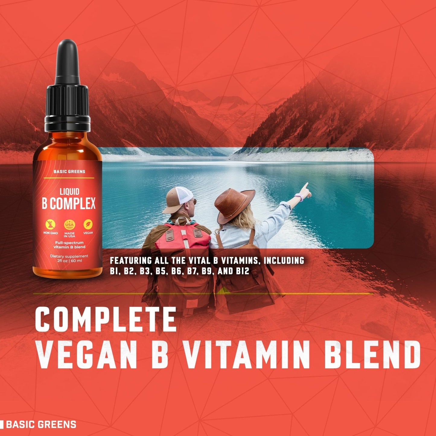 BASIC GREENS Vitamin B Complex Liquid Drops - Strength Sublingual Formula, Maximizes Absorption & Boosts Energy - B1, B2, B3, B5, B6, B7, B9, B12 - Natural Vegan Supplement - PrimeBioHealth - canada supplements