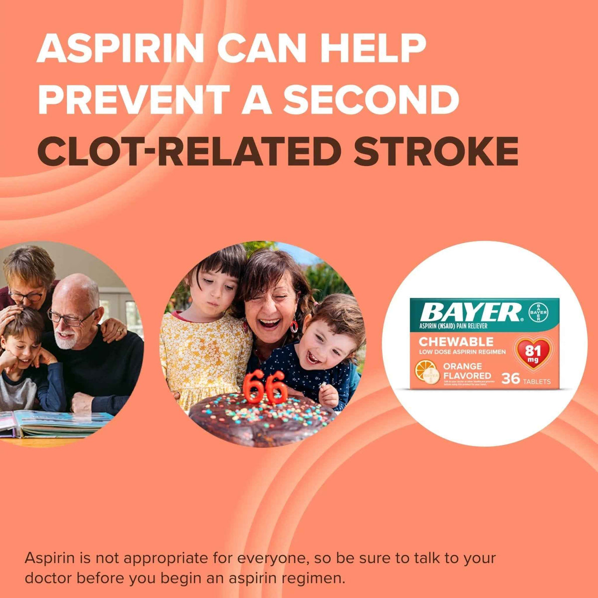 Bayer Aspirin Low Dose 81 mg Chewable Tablets, Pain Reliever, Orange Flavored, 216 Tablets (6 Pack)