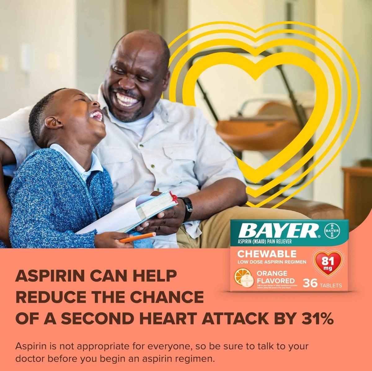 Bayer Aspirin Low Dose 81 mg Chewable Tablets, Pain Reliever, Orange Flavored, 216 Tablets (6 Pack)