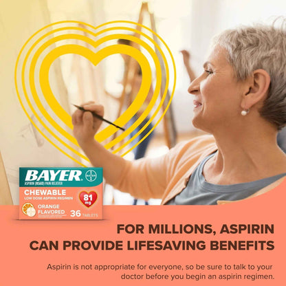 Bayer Aspirin Low Dose 81 mg Chewable Tablets, Pain Reliever, Orange Flavored, 216 Tablets (6 Pack)