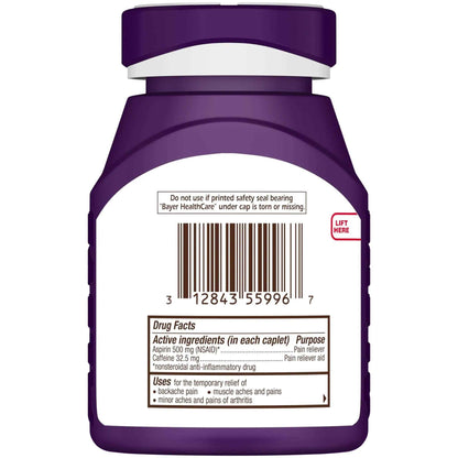 Bayer Extra Strength 500mg Aspirin Plus Caffeine for Powerful Pain Relief, 200 Coated Caplets