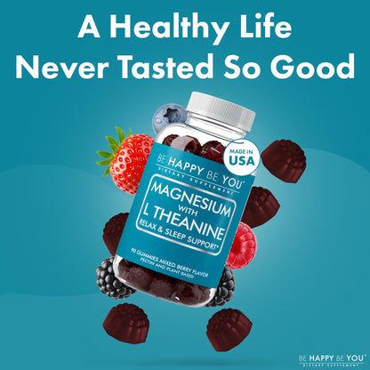 Be Happy Be You Magnesium Glycinate Gummies with L-Theanine – Relaxation & Sleep Support – Vegan, Gelatin-Free, Mixed Berry Flavor - PrimeBioHealth - canada supplements
