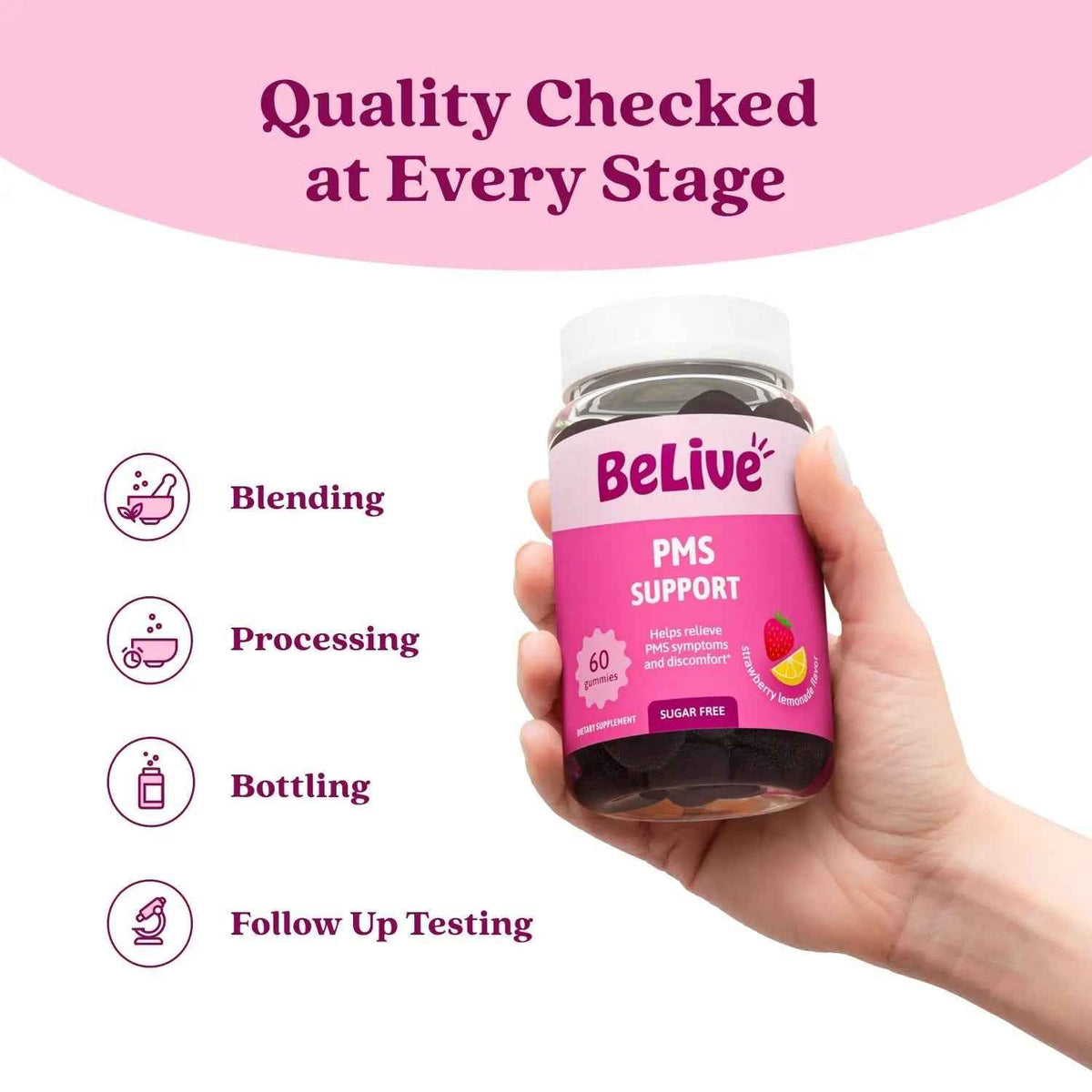 BeLive PMS Support Gummies Supplement – Helps Relieve PMS Symptoms – Hormonal Balance Mood Swings & Cramps Relief, Bloating Support – with Chaste Tree Extract - Strawberry Lemonade Flavor – 60 Count