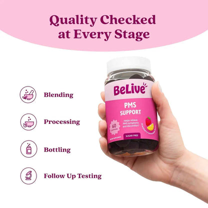BeLive PMS Support Gummies Supplement – Helps Relieve PMS Symptoms – Hormonal Balance Mood Swings & Cramps Relief, Bloating Support – with Chaste Tree Extract - Strawberry Lemonade Flavor – 60 Count
