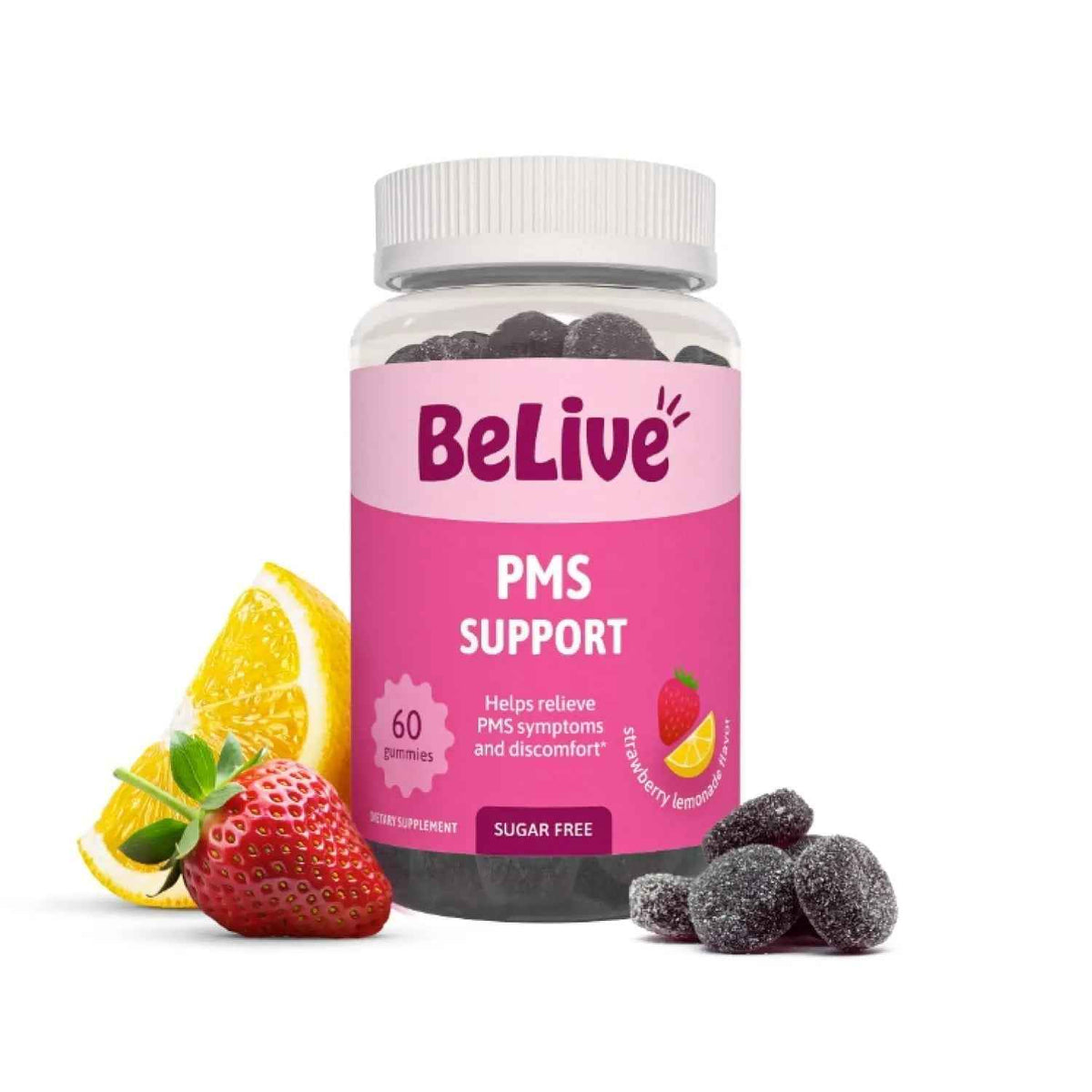 BeLive PMS Support Gummies Supplement – Helps Relieve PMS Symptoms – Hormonal Balance Mood Swings & Cramps Relief, Bloating Support – with Chaste Tree Extract - Strawberry Lemonade Flavor – 60 Count