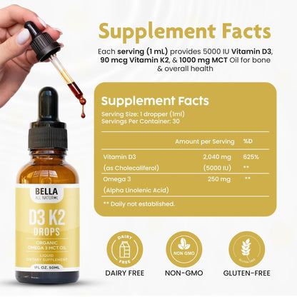 Bella All Natural Vitamin D3 K2 Liquid Drops 5000 IU (Unflavored) - Omega 3 with MCT Oil - PrimeBioHealth - canada supplements