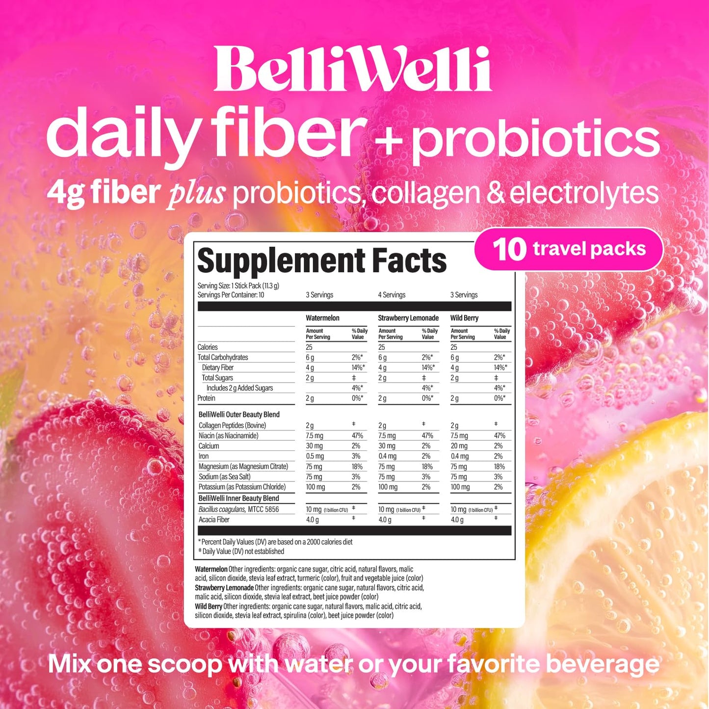 Belli Welli Daily Fiber Supplement Packets with Collagen, Probiotics & Electrolytes | Single Serve Packets for Gut Health - PrimeBioHealth - canada supplements