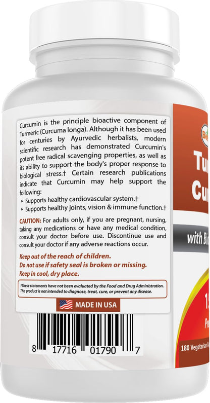 Best Naturals Turmeric Curcumin 1500mg/Serving with Bioperine - 180 Veggie Capsules - PrimeBioHealth - canada supplements