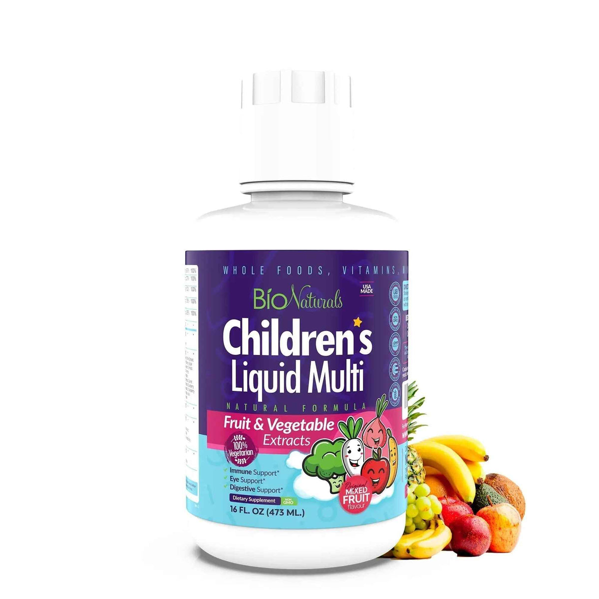Bio Naturals Children's Liquid Multivitamin & Immune Booster - Natural Supplement for Kids & Toddlers with Vitamins A B C D3 E, Fiber