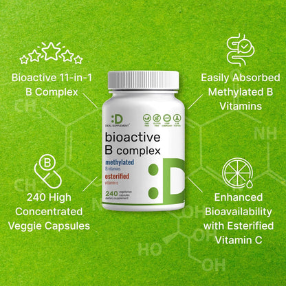 Bioactive Vitamin B Complex for Men & Women, 240 Veggie Capsules - Methylated B Complex & Esterified Vitamin C – High Potency & Easy Absorption – Immune, Energy & Metabolism Supplement – Non-GMO - PrimeBioHealth - canada supplements